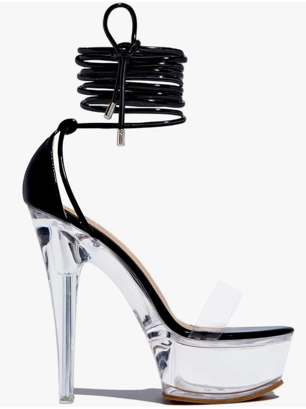 Black Clear Platform Ankle-Tie Heels